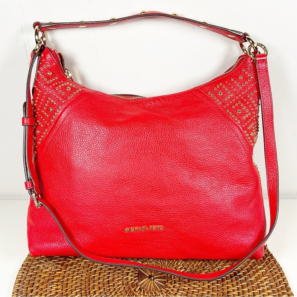 Michael Kors Red Leather Shoulder Bag Studded New Purse Hobo